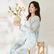 頂瓜瓜女士開襟印花長袖長褲套裝純棉翻領(lǐng)透氣家居服套裝女卷舒藍(lán) 165
