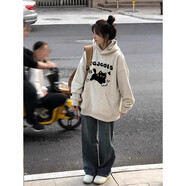 吉閑 衛(wèi)衣女春秋款2024新款歐貨連帽印花寬松百搭加絨上衣外套ins潮 白灰色【薄款】 M