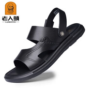 老人頭男士涼鞋夏季休閑涼拖鞋真皮軟底透氣沙灘鞋防滑牛皮爸爸鞋外穿 黑色 43