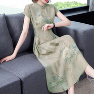 沐漓云冰絲改良旗袍連衣裙女夏裝減齡洋氣高貴名媛長(zhǎng)款裙子 綠色 2XL 【130-145斤】