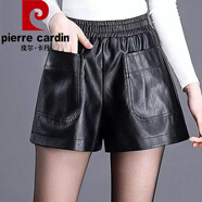 皮爾卡丹（pierre cardin）皮短褲女2024新款寬松顯瘦秋冬裝闊腿松緊腰百搭外穿靴PU皮褲 黑色 大碼L95-110斤