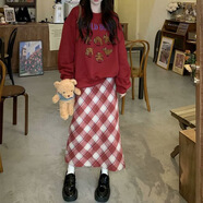 旻勝毛呢半身裙格子后開叉半裙女顯瘦梨形身材高腰A字圣誕新年氛圍感 紅色 M