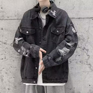 嗨森主義破洞牛仔外套男春秋港風(fēng)bf夾克寬松韓版潮流褂子百搭痞帥ins衣服 樂(lè )派黑色1187 L