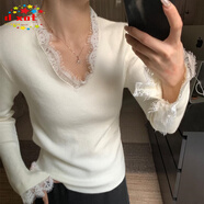 DXOT2025絕美法式氣質(zhì)蕾絲v領(lǐng)打底衫女秋冬喇叭袖上衣感針織衫毛衣女 奶白色 M 建議96-110斤