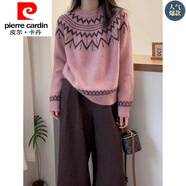 皮爾卡丹（pierre cardin）品牌女裝毛衣女設(shè)計(jì)感寬松休閑民族風(fēng)軟糯針織衫圓領(lǐng)套頭氣質(zhì)外穿 粉色 S