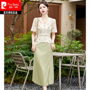 皮爾卡丹小清新半身裙套裝女2025年夏季新款甜美連衣裙兩件套套裝v領(lǐng)上衣 綠色 XL 130 斤以內(nèi)