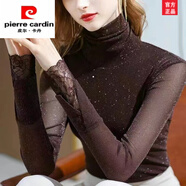 皮爾卡丹網(wǎng)紗拼接高領(lǐng)打底衫女春秋新款洋氣內(nèi)搭加絨蕾絲長袖T恤上衣 咖啡色加絨 4XL 155-170斤