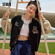 Semir森馬外套女小熊刺繡撞色復(fù)古風(fēng)秋冬寬松棒球服潮流學(xué)院風(fēng) 黑咖色調(diào)0195 160/84A/M