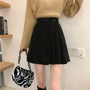 茵向咖色毛呢百褶半身裙女秋冬包臀A字裙裙子小個子短裙高腰a字半裙 黑色 XL
