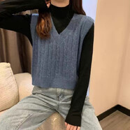 歐洛黛毛衣馬甲女寬松v領(lǐng)簡(jiǎn)約春秋新款馬夾坎肩顯瘦百搭針織背心上衣女 藍(lán)色 均碼 80-140斤