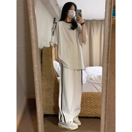 MZPLOI學院風運動套裝女夏季短袖長褲學生韓版寬松顯瘦休閑兩件套跑步服 灰色上衣+白色長褲【棉質(zhì)兩件套 XL 【建議116-130斤】