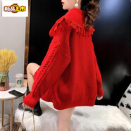 初徑新年紅色娃娃領(lǐng)毛衣外套女寬松韓版慵懶風(fēng)秋冬2022年新款針織開衫 紅色 S 85-95