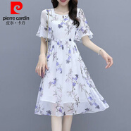 皮爾卡丹（pierre cardin）雪紡連衣裙2024新款夏季氣質(zhì)顯瘦印花a字中長(zhǎng)款抽繩收腰碎花裙子 優(yōu)雅紫 XL:120-130