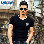 XQBKUW刺繡中國軍迷裝男迷彩服作訓練緊身短袖T恤衫體能半袖夏裝 圓·領(lǐng)狼頭黑 3XL (155-170斤)