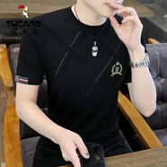 啄木鳥(niǎo) 冰絲短袖T恤男士潮流高端伊力特針織刺繡上衣T圓領(lǐng)半袖體恤衫薄款 黑色 XL