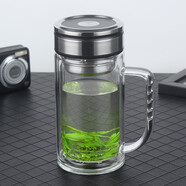 WoLong臥龍水杯子雙層玻璃杯帶把手柄男女士商務(wù)泡茶杯便攜大容量綠茶杯 銀邊黑色 360ml 雙層 把手杯