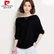 皮爾卡丹（pierre cardin）針織冰絲短袖t恤女2025年新款春夏薄款蝙蝠袖針織衫女一字領上衣 黑色 2XL 130-140斤