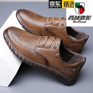 西域駱駝（VANCAMEL）皮鞋男2024新款商務(wù)休閑鞋真皮牛筋底男鞋軟皮軟底防滑豆豆鞋子男 淺棕色 8766 39