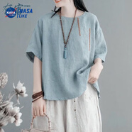 尚簡紛文藝復(fù)古短袖女刺繡棉麻圓領(lǐng)夏季新款寬松休閑T恤套頭上衣女 藍(lán)色 XL 建議125-140斤