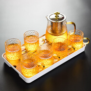 瓷牌茗茶具（cipaiming teaset） 透明玻璃茶具整套套裝家用功夫茶壺茶杯會(huì)客泡茶器 金蓋雅致錘紋杯7件套+小長(zhǎng)方盤(pán)