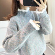 記述保暖毛衣女春秋新款針織毛衣寬松減齡撞色打底上衣 3022花紫 M #(建議85-105斤)