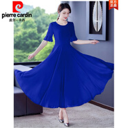 皮爾卡丹（pierre cardin）法式大擺色雪紡連衣裙女2024夏季新款收腰顯瘦氣質(zhì)大號(hào)長(zhǎng)裙針織 寶藍(lán) 2XL【125/135斤】