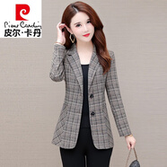 皮爾卡丹（pierre cardin）小西裝外套女裝2025年春秋季新款小個(gè)子短款格子早秋休閑職業(yè)上衣 卡其格 L 適合106-115斤