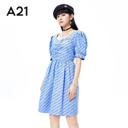 A21ins潮女裝方領(lǐng)傘裙字母印花泡泡短袖中長(cháng)韓版小清新連衣裙 藍色 S