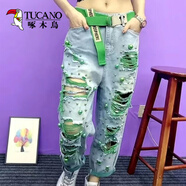 啄木鳥(niǎo)歐洲站2025夏季新款重工釘珠破洞撞色無(wú)彈寬松個(gè)性薄款牛仔老爹褲 2502#綠色 XL 建議 115-125斤