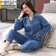 莫代爾空氣棉睡衣女秋冬季三層夾棉加厚保暖家居服長(cháng)袖開(kāi)衫甜美休閑套裝 5521牛仔藍 L 建議90-110斤