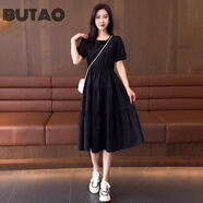 BUTAO時(shí)尚連衣裙寬松夏季新款氣質(zhì)顯瘦收腰中長(cháng)款顯瘦短袖裙子 黑色 XL （建議115斤-130斤）