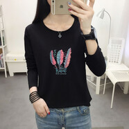 盛賽熙純棉秋裝新款韓版胖mm加肥加大寬松長袖t恤女秋衣外穿上衣服百搭 黑色  精品三羽毛 2XL 建議145-160斤