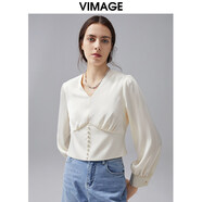緯漫紀（VIMAGE）秋季新款復古白色燈籠袖收腰V領(lǐng)短款雪紡衫小上衣女VC2113214 白11 S (1)