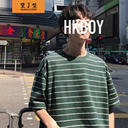 望了型 條紋五分袖T恤衫男生日系潮流文藝小青年寬松半截袖體恤汗衫高中學生中袖五分袖t血?；?綠色F21 XL