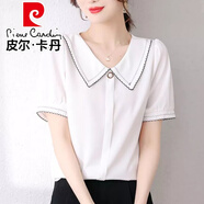皮爾卡丹（pierre cardin）300斤胖mm夏季雪紡衫短袖女裝夏裝新款韓版娃娃領(lǐng)上衣遮肚子小衫 白色 3XL 建議150-165斤
