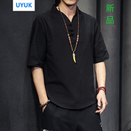 UYUK短袖男冰絲T恤男夏季中國風(fēng)亞麻短袖寬松棉麻半袖V領(lǐng)五分袖上衣潮牌男裝 7026黑色 L