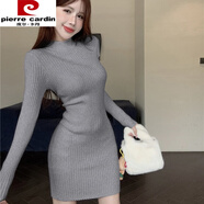 皮爾卡丹（pierre cardin）白色半高領(lǐng)針織毛衣連衣裙女秋冬配大衣內搭性感修身包臀小媽短裙 灰色【內搭/打底/冬季/大衣/風(fēng)衣 S