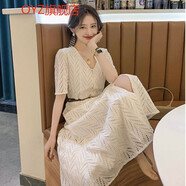 OYZ香港潮牌夏季新款初戀森系甜美小清新仙女裙子法式白色V領(lǐng)蕾絲連衣裙 白色 M