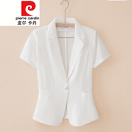 皮爾卡丹（pierre cardin）夏季女士短袖小西裝外套修身薄款網(wǎng)紗西服感氣質(zhì)職業(yè)上衣針織 白色 L 100-110斤