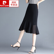 皮爾卡丹（pierre cardin）黑色雪紡短裙半身裙夏季新款高腰包臀裙顯瘦洋氣荷葉邊魚尾裙子女 黑色 松緊腰 2XL 建議126135斤