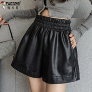 啄木鳥(niǎo)（TUCANO）加大尺碼女裝時(shí)尚百搭皮短褲女秋冬新款胖m妹闊腿皮褲休閑褲A字褲 6689黑色 大碼L95-110斤