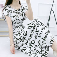 夏民族風(fēng)棉綢碎花連衣裙海邊度假人棉仙女裙大碼印花綿綢短袖長(cháng)裙 蝙蝠袖白底字母 XL 110-120