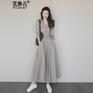 艾珠兒連衣裙女裝春秋季新款韓版長袖法式氣質(zhì)襯衫裙復(fù)古溫柔風(fēng)收腰顯瘦 灰色連衣裙 M