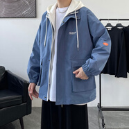 RXEX外套男春秋冬季潮流韓版寬松休閑衣服男裝潮牌假兩件工裝連帽夾克 JK303-藍(lán)色-常規(guī) XL （店長推薦）