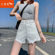 紅蜻蜓 高腰牛仔短褲女夏寬松新款薄顯瘦網(wǎng)紅A字毛邊黑色熱褲 白色 M