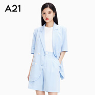 A21女裝時(shí)尚高級感寬松短袖小西服氣質(zhì)通勤西裝休閑外套女 粉藍 M