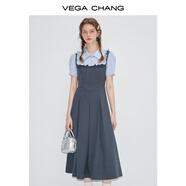VEGA CHANG法式連衣裙女2025夏季新款假兩件顯瘦學(xué)院風(fēng)短袖長(cháng)裙 隕石灰（花邊領(lǐng)） M