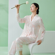 故事佳人冰絲睡衣清新綠蕾絲新中式水墨長(cháng)袖長(cháng)褲兩件套送媽媽送老婆禮盒裝 晨粉 M