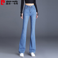 皮爾卡丹牛仔褲夏季高腰顯瘦寬松百搭彈力微喇叭九分褲淺藍28