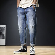 熟翠（SHUCUI）夏季新款高端薄款牛仔褲男士微寬松哈倫褲潮牌個(gè)性百搭時(shí)尚破洞褲子男潮流淺藍色男褲 JK-5073藍色 29